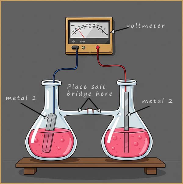 Image shows how to construct an electrical cell, two different metals in contact with an electrolyte and a slat bridge to complete the cell